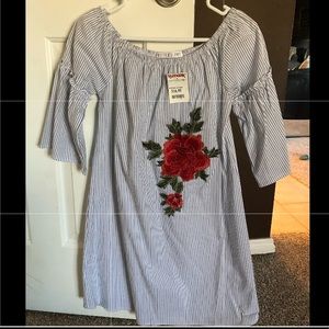 Small blue/white stripe dress w/ red flower accent